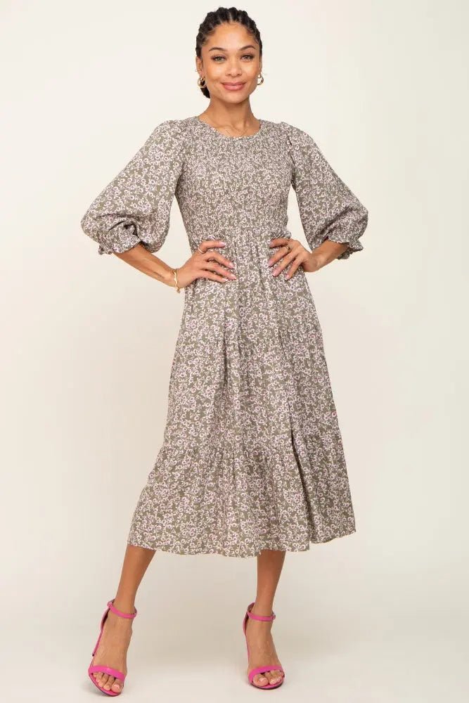 PinkBlush Olive Floral Smocked 3/4 Sleeve Midi Dress - 