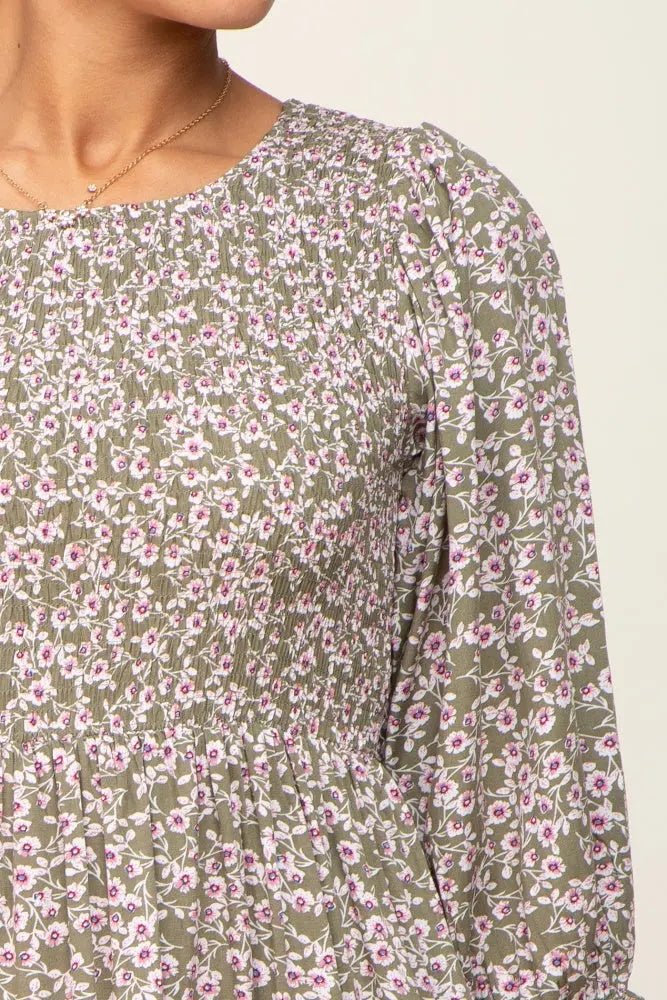 PinkBlush Olive Floral Smocked 3/4 Sleeve Midi Dress - 