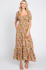PinkBlush Olive Floral Smocked Square Neck Tiered Maternity Maxi Dress