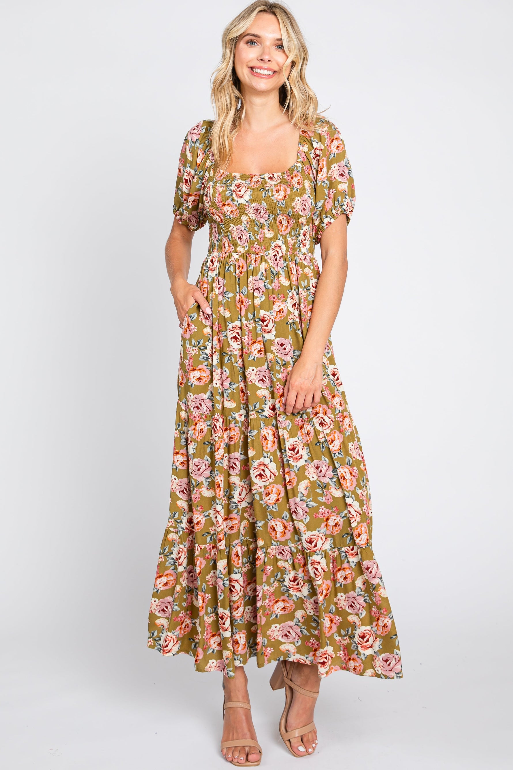 PinkBlush Olive Floral Smocked Square Neck Tiered Maternity Maxi Dress