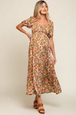 PinkBlush Olive Floral Smocked Square Neck Tiered Maternity Maxi Dress