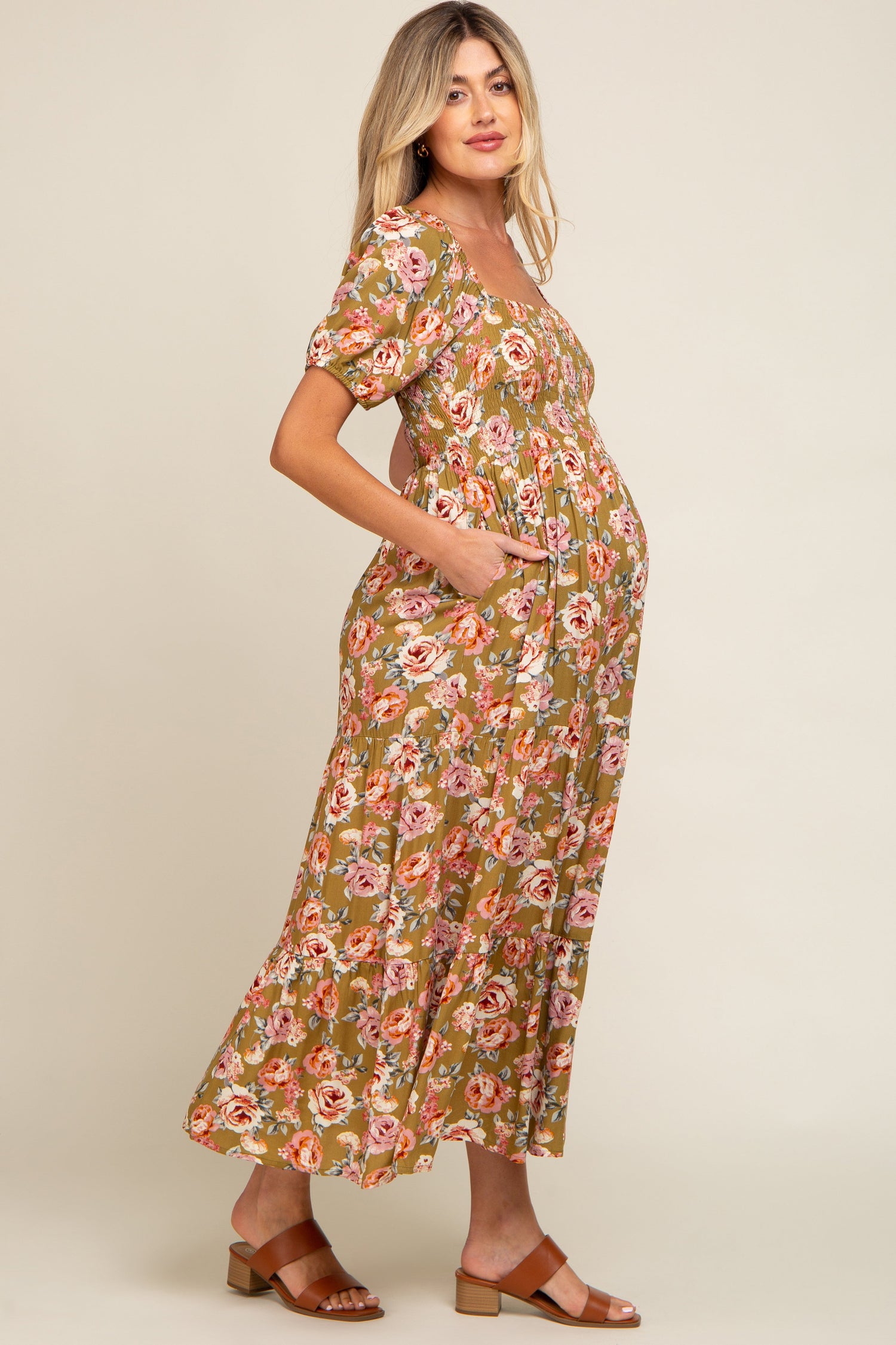 PinkBlush Olive Floral Smocked Square Neck Tiered Maternity Maxi Dress