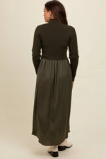 PinkBlush Olive Knit Contrast Top Satin Maternity Midi Dress - 