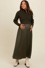 PinkBlush Olive Knit Contrast Top Satin Maternity Midi Dress - 