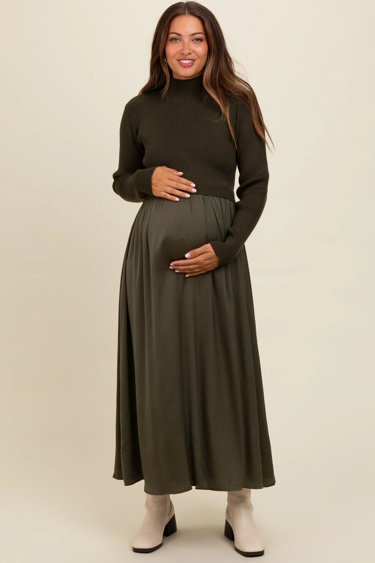 PinkBlush Olive Knit Contrast Top Satin Maternity Midi Dress - 