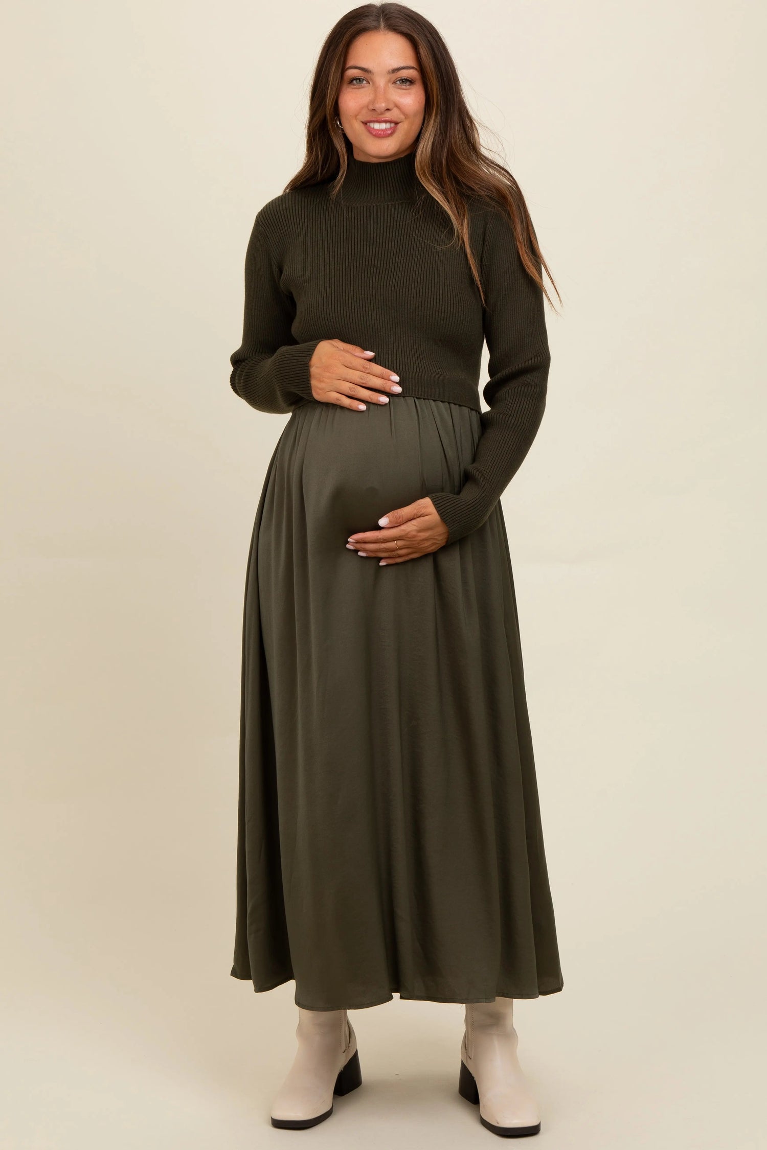 PinkBlush Olive Knit Contrast Top Satin Maternity Midi Dress - 