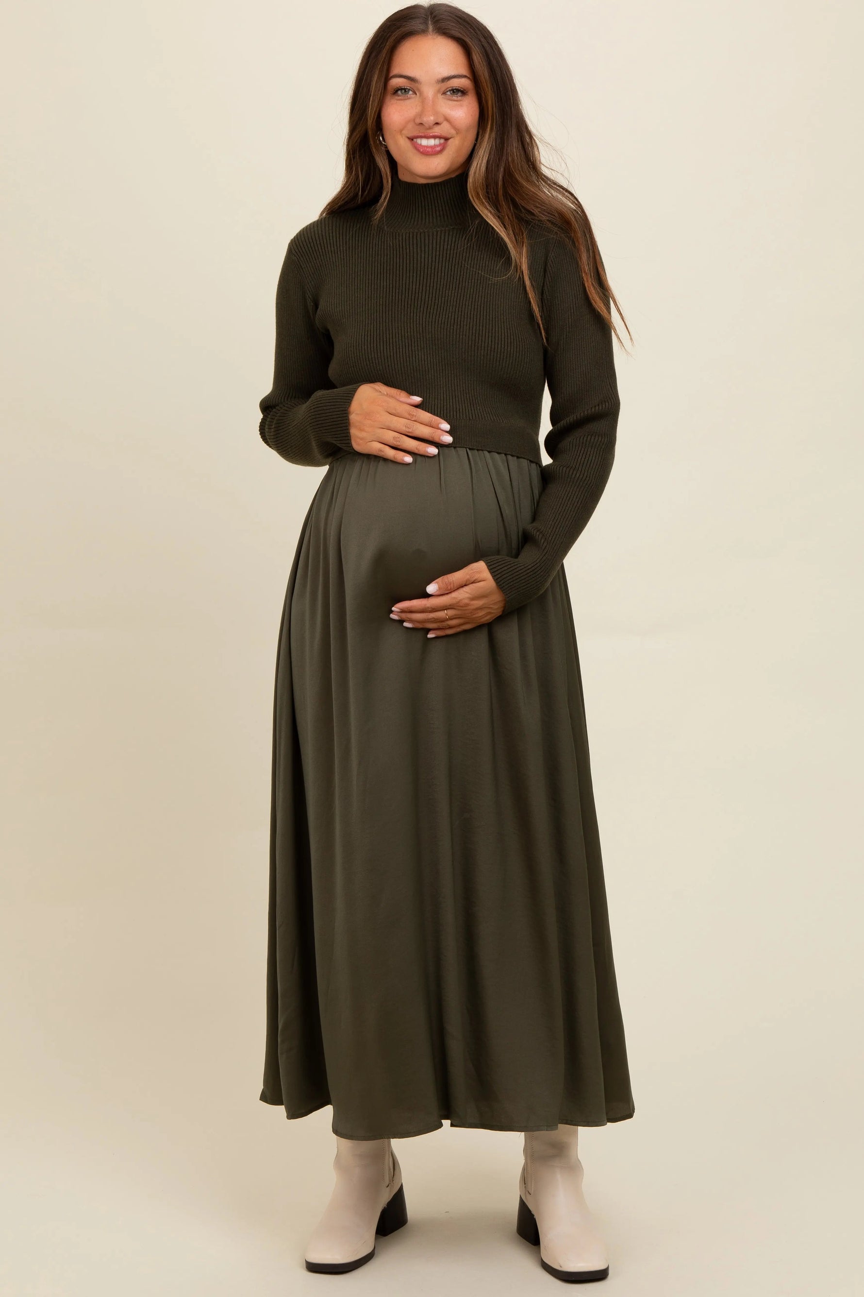 PinkBlush Olive Knit Contrast Top Satin Maternity Midi Dress - 