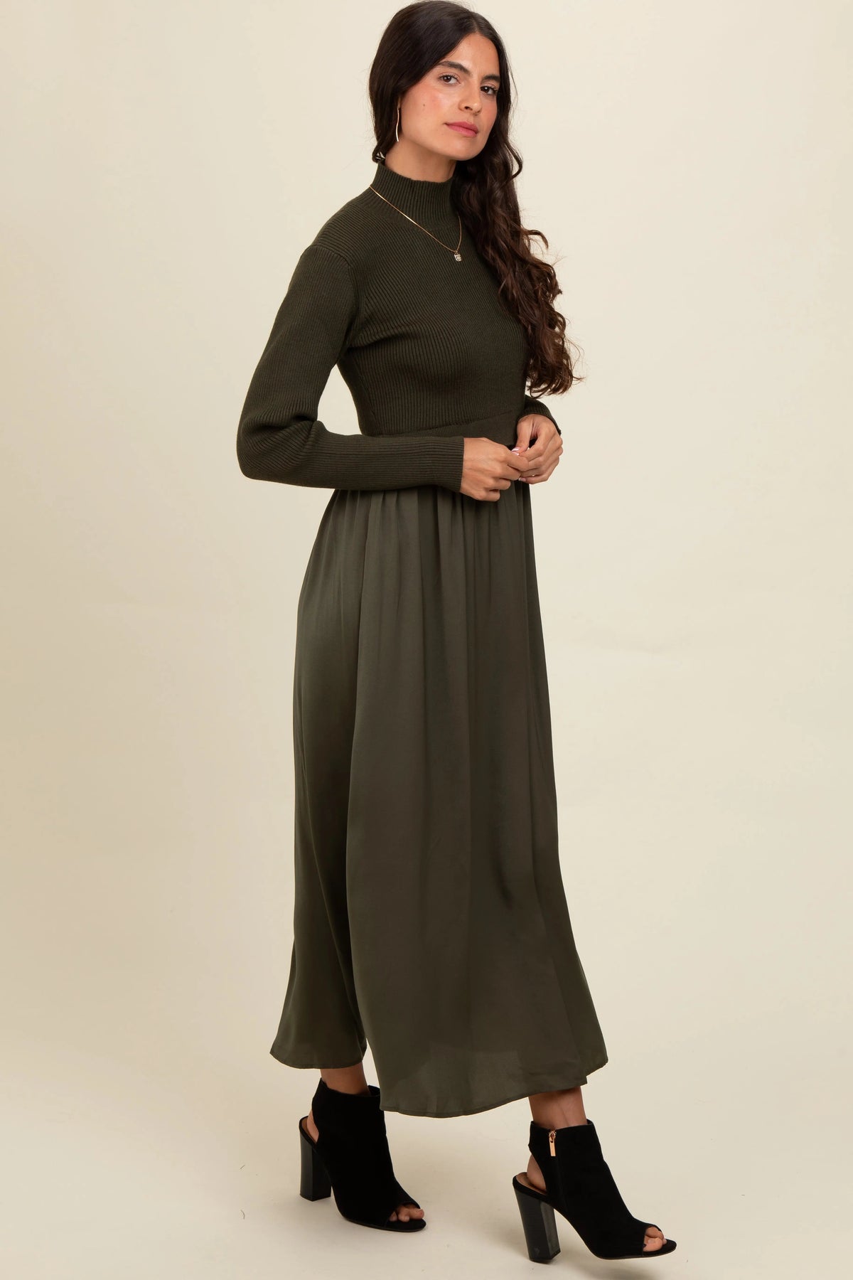 PinkBlush Olive Knit Contrast Top Satin Midi Dress - 