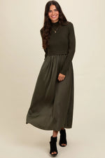 PinkBlush Olive Knit Contrast Top Satin Midi Dress - 