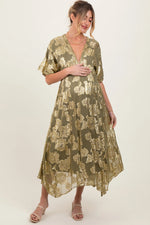 PinkBlush Olive Metallic Floral Jacquard Overlay Maternity Maxi Dress - 