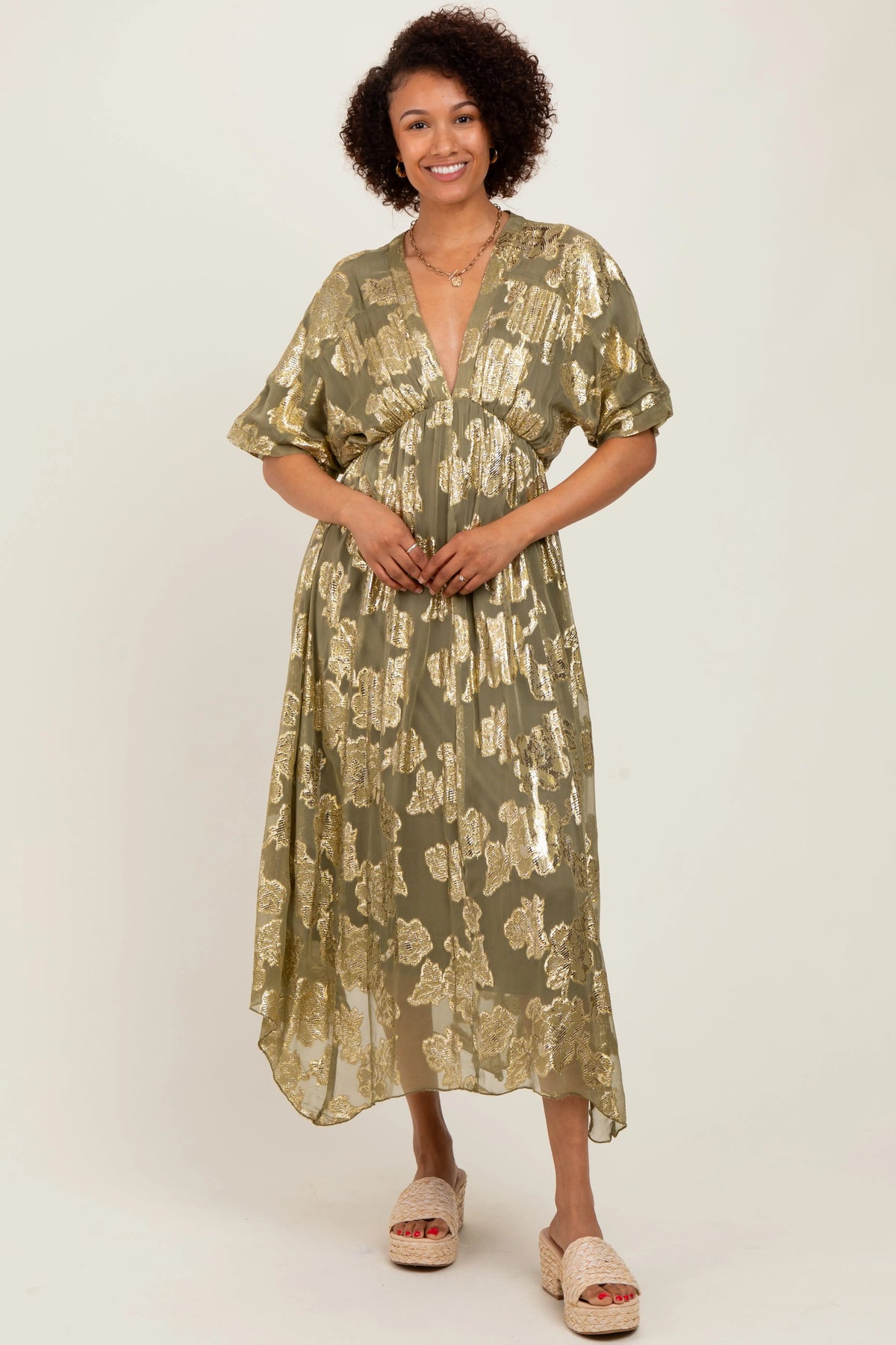 PinkBlush Olive Metallic Floral Jacquard Overlay Maternity Maxi Dress - 