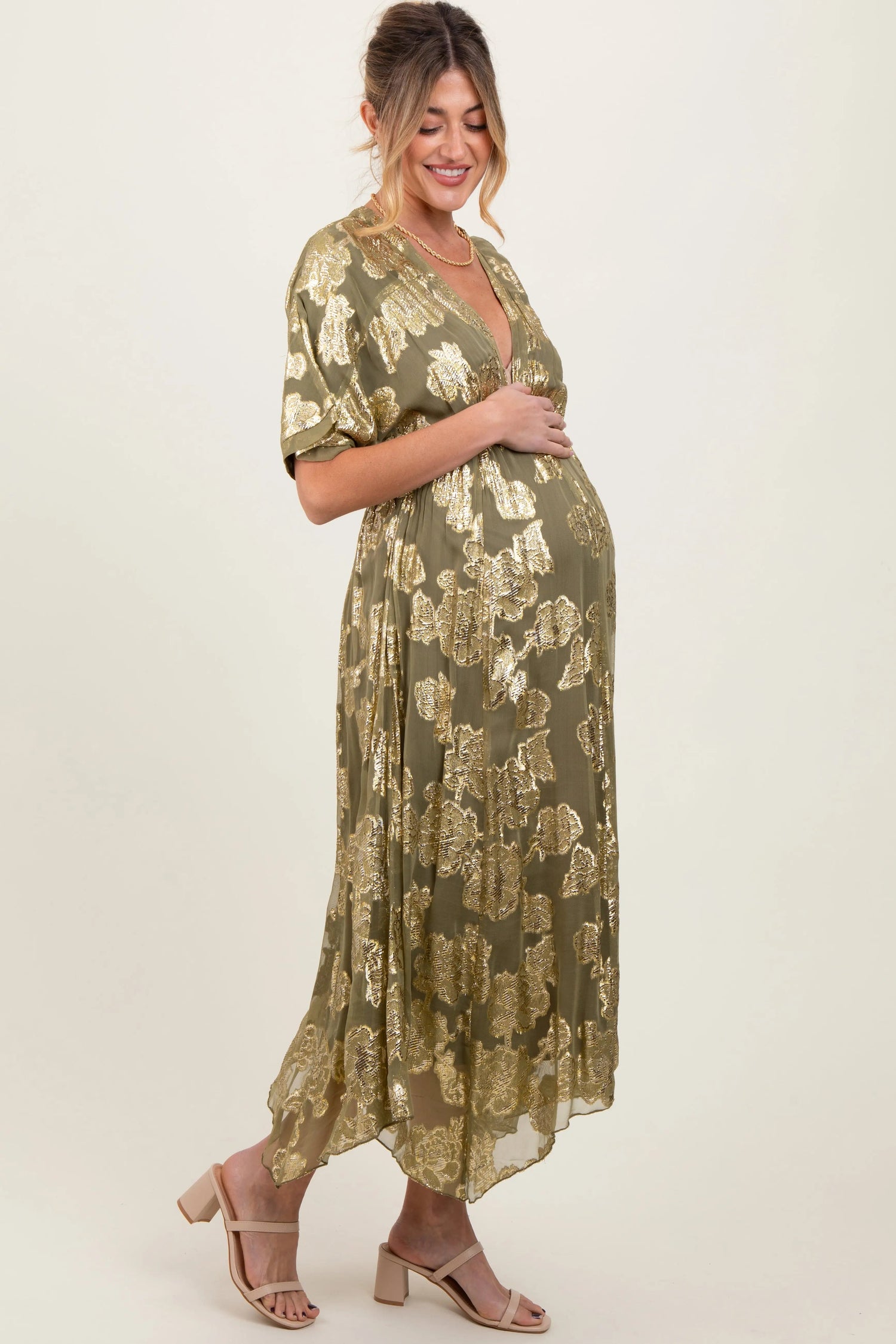 PinkBlush Olive Metallic Floral Jacquard Overlay Maternity Maxi Dress - 