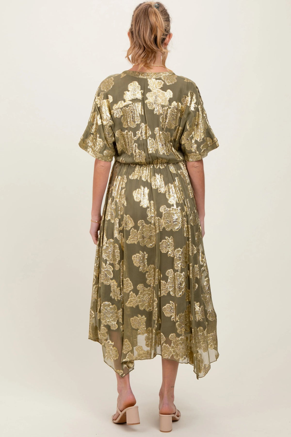 PinkBlush Olive Metallic Floral Jacquard Overlay Maternity Maxi Dress - 