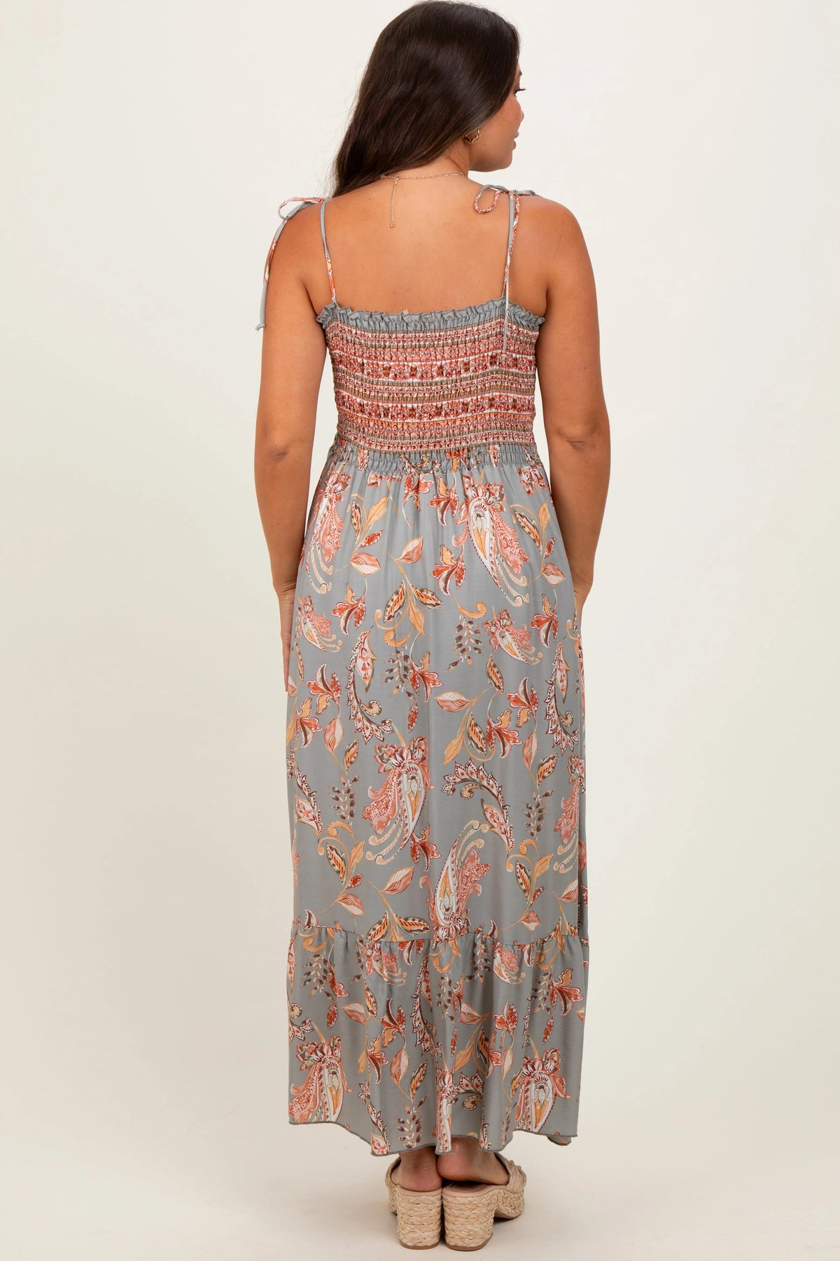 PinkBlush Olive Paisley Shoulder Tie Smocked Maternity Maxi Dress - 