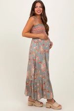 PinkBlush Olive Paisley Shoulder Tie Smocked Maternity Maxi Dress - 