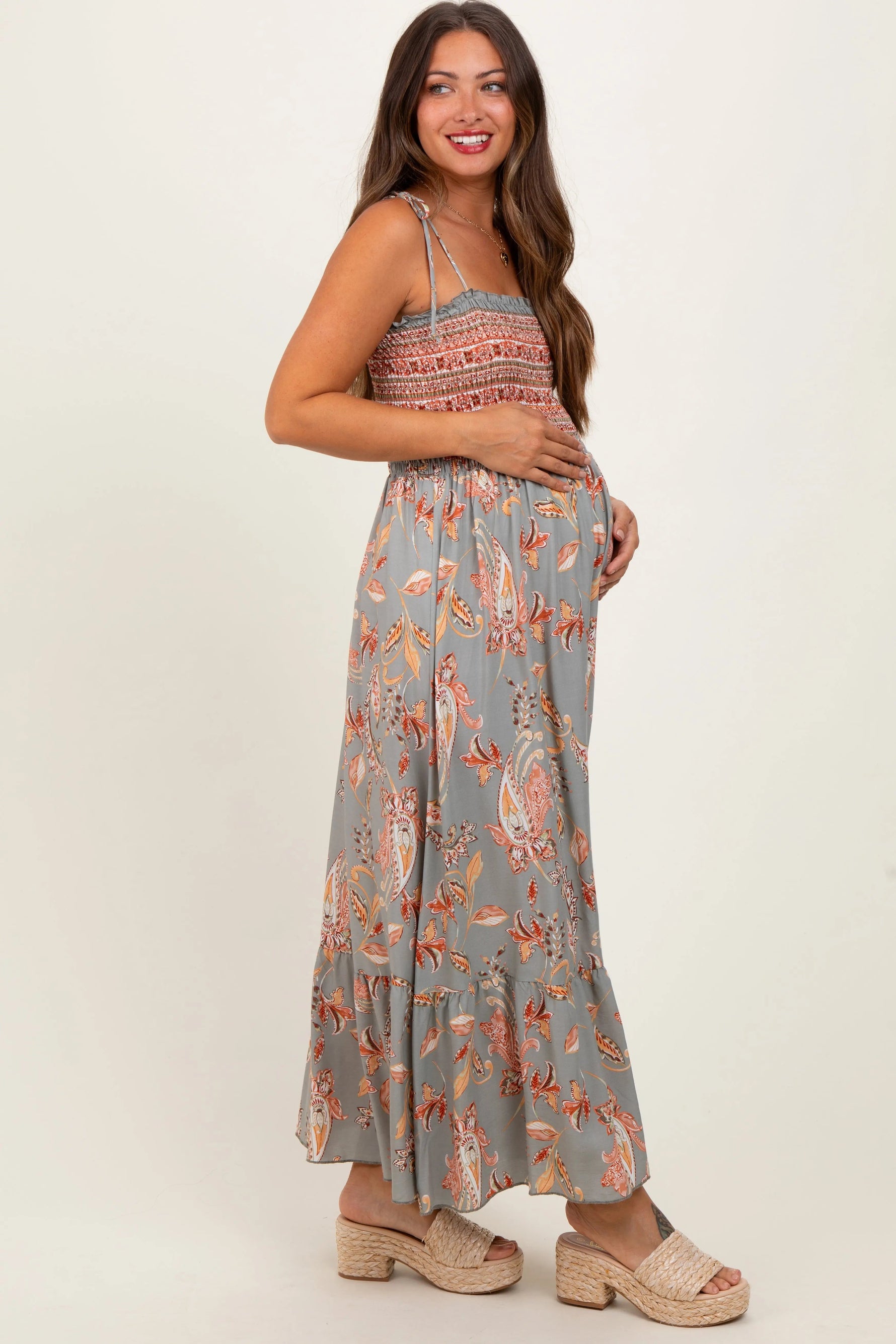 PinkBlush Olive Paisley Shoulder Tie Smocked Maternity Maxi Dress - 