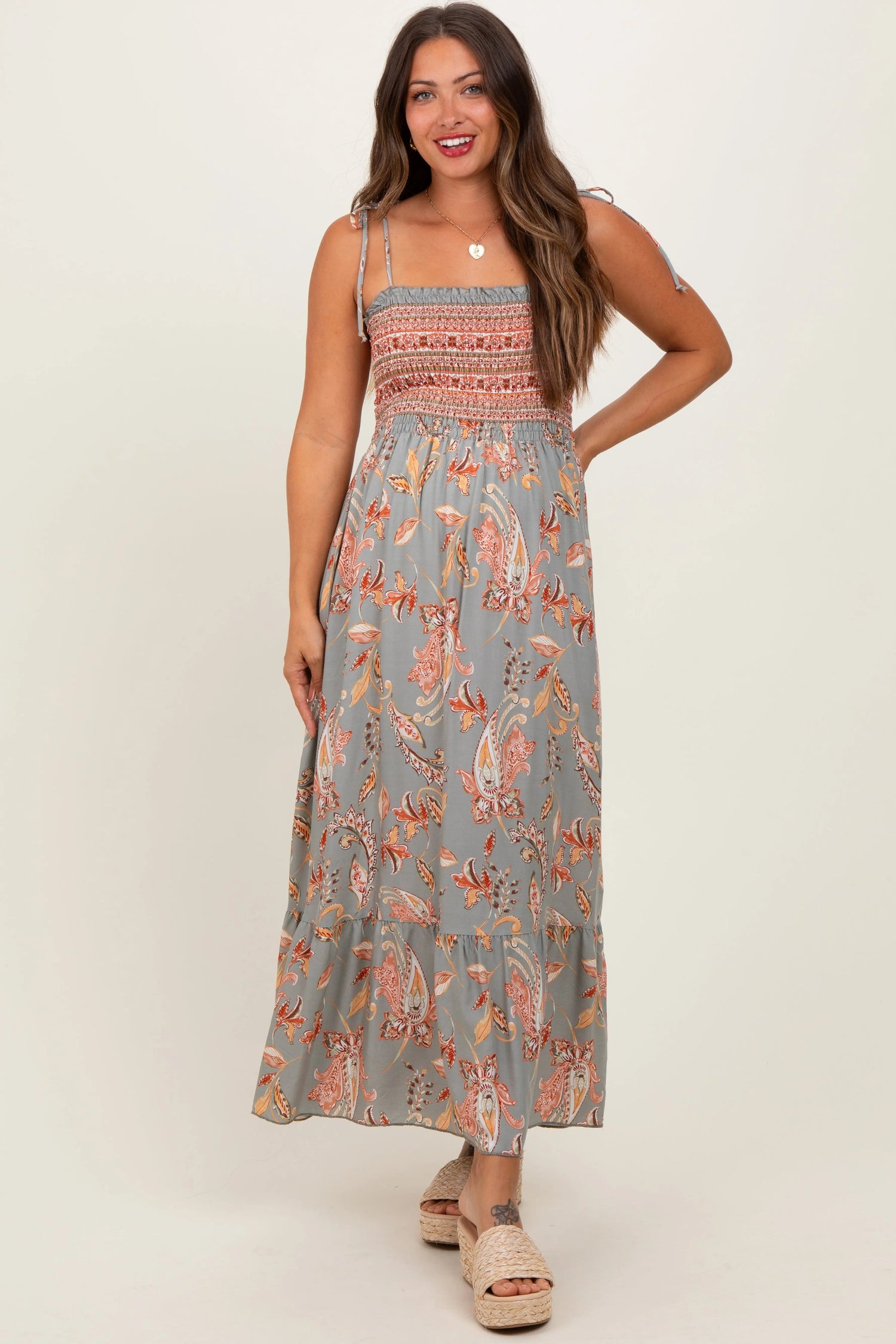 PinkBlush Olive Paisley Shoulder Tie Smocked Maternity Maxi Dress - 