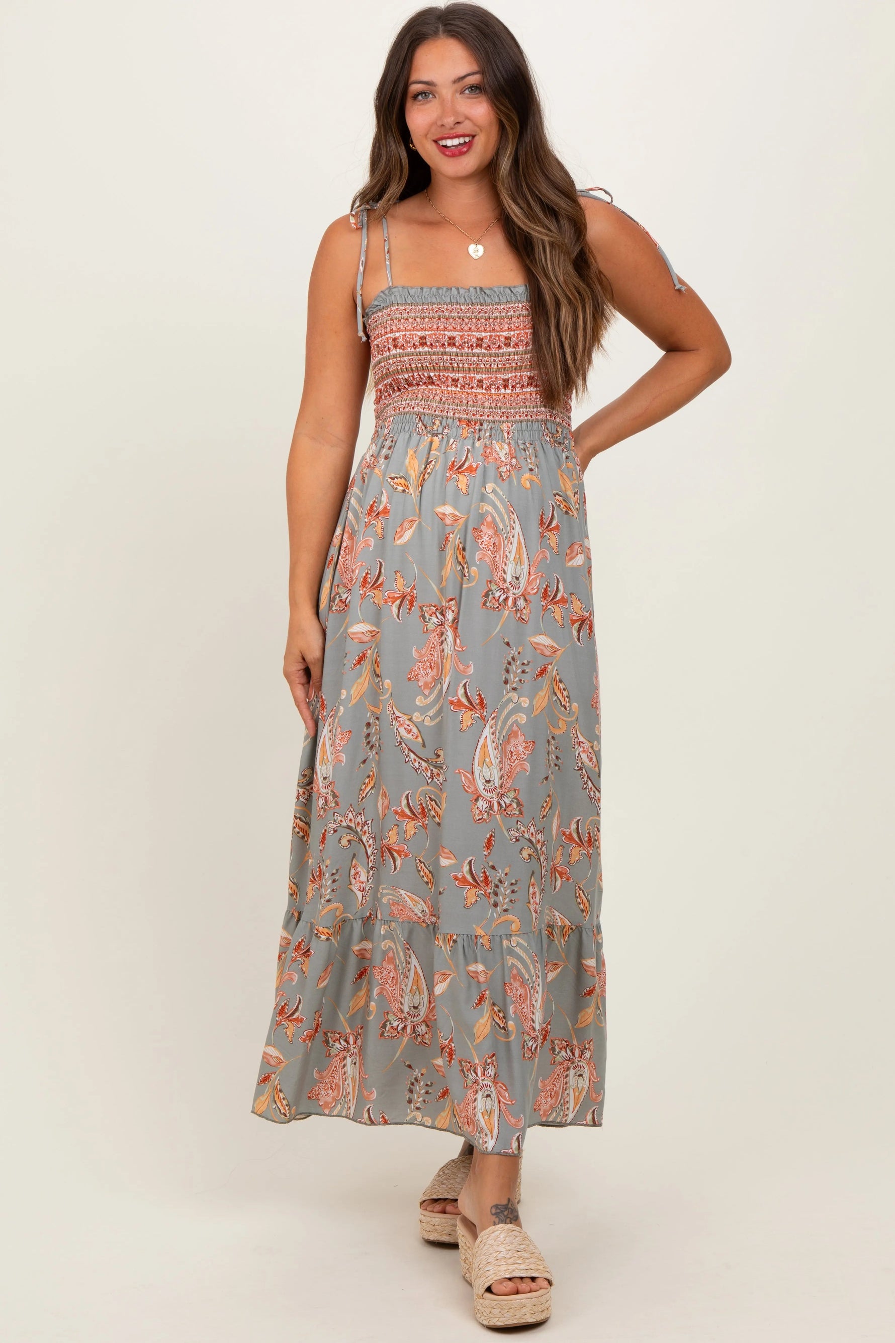 PinkBlush Olive Paisley Shoulder Tie Smocked Maternity Maxi Dress - 