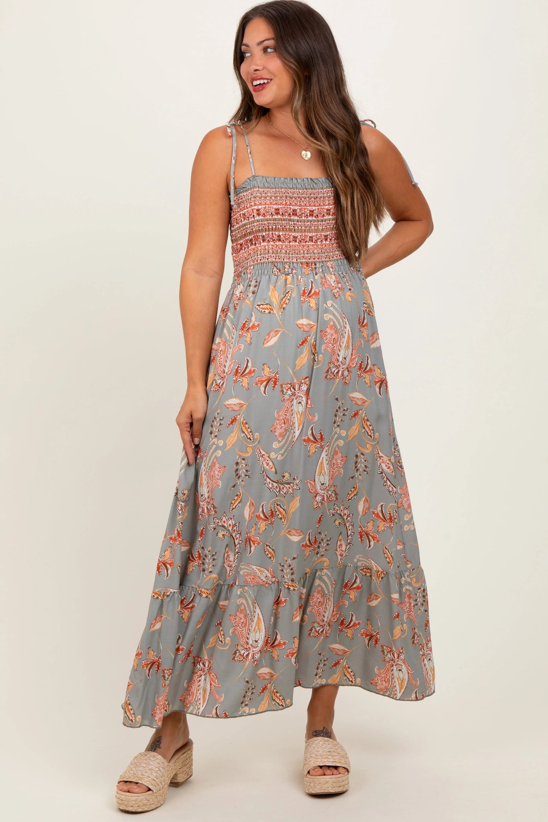 PinkBlush Olive Paisley Shoulder Tie Smocked Maternity Maxi Dress - 