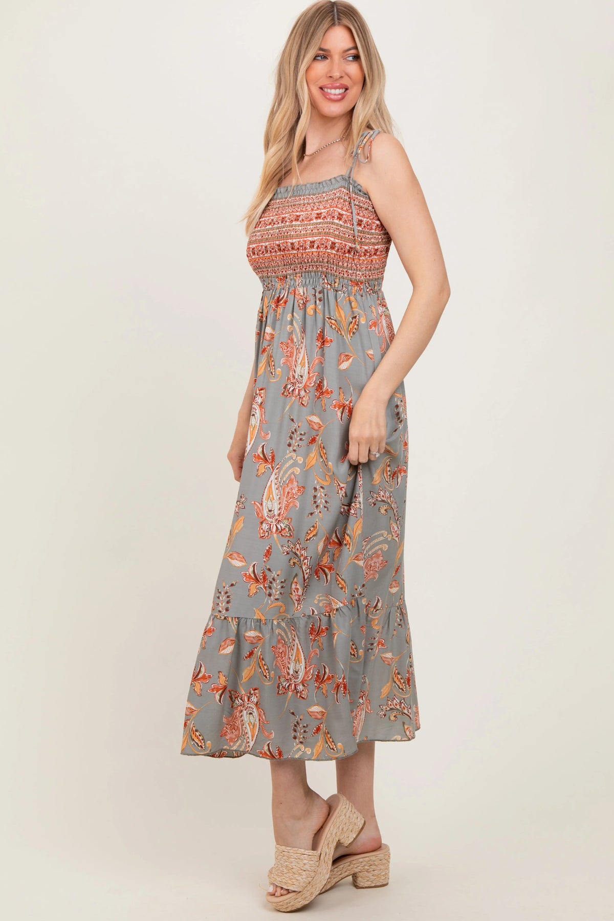 PinkBlush Olive Paisley Shoulder Tie Smocked Maxi Dress - 