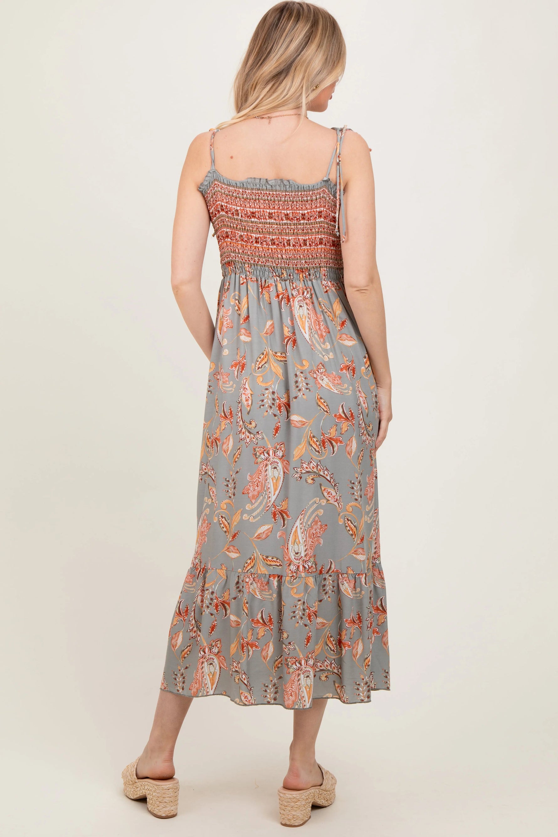 PinkBlush Olive Paisley Shoulder Tie Smocked Maxi Dress - 