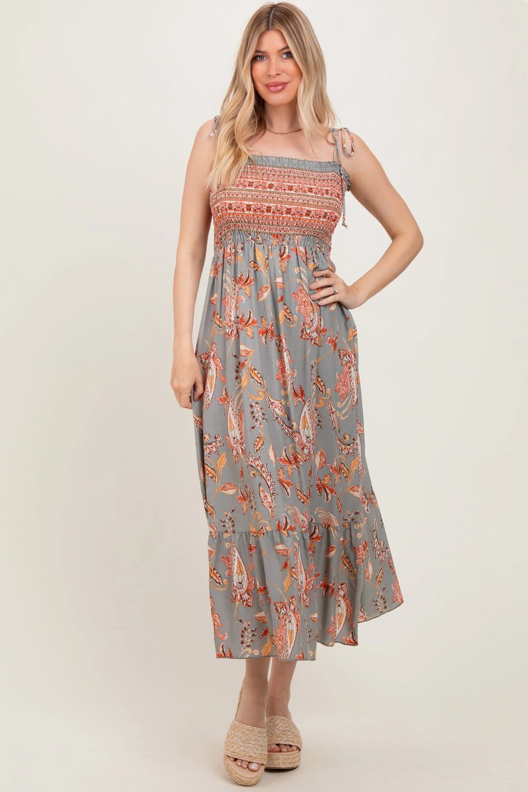 PinkBlush Olive Paisley Shoulder Tie Smocked Maxi Dress - 