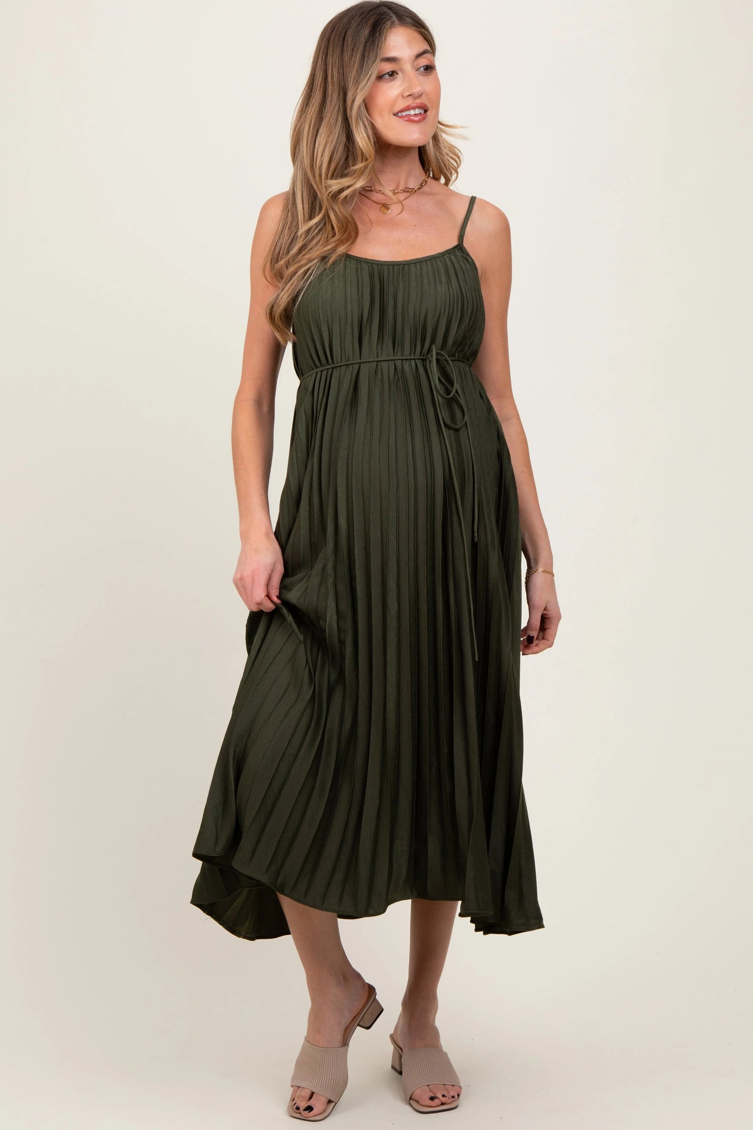 PinkBlush Olive Pleated Sash Tie Maternity Midi Dress - 