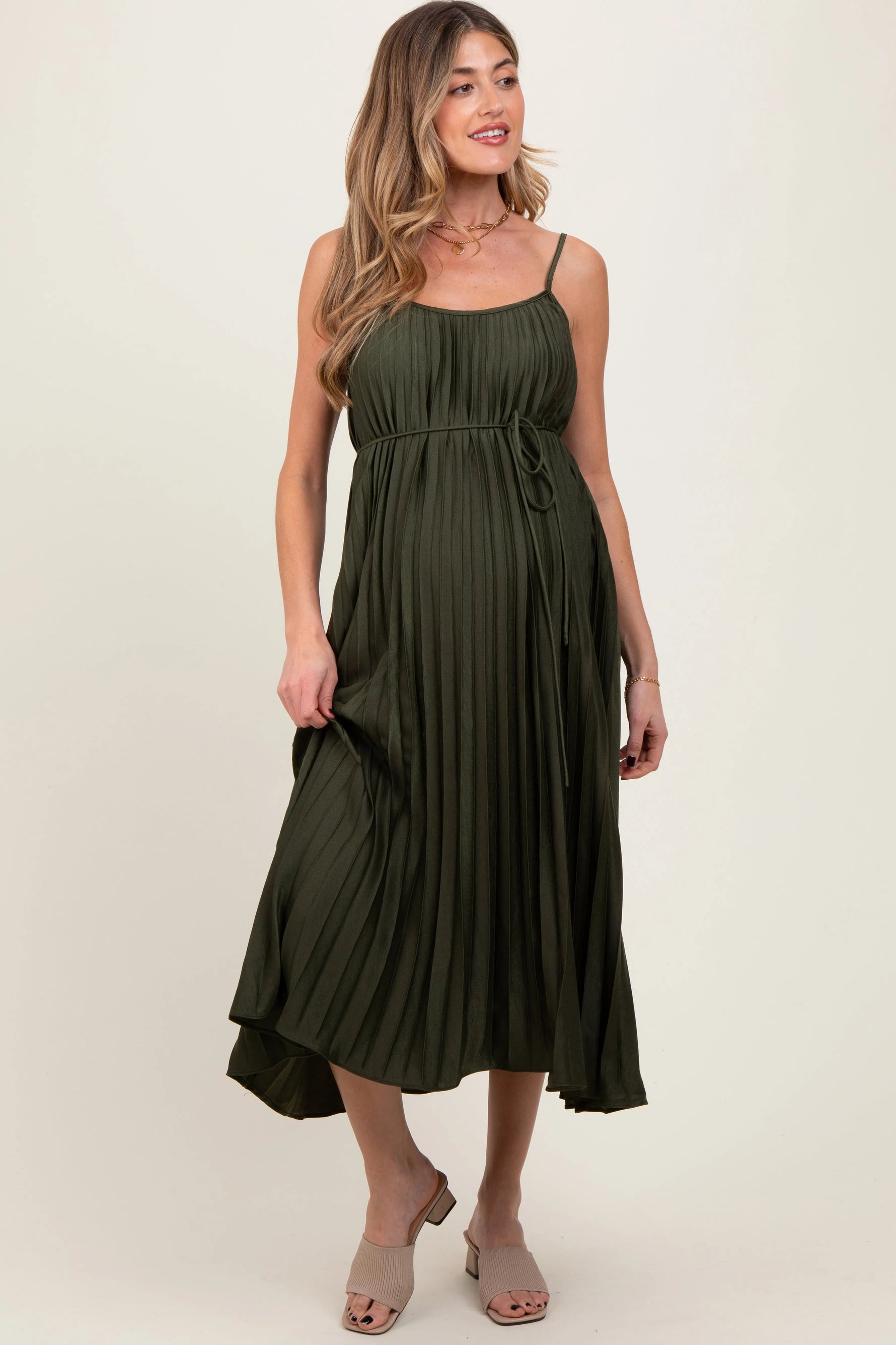 PinkBlush Olive Pleated Sash Tie Maternity Midi Dress - 