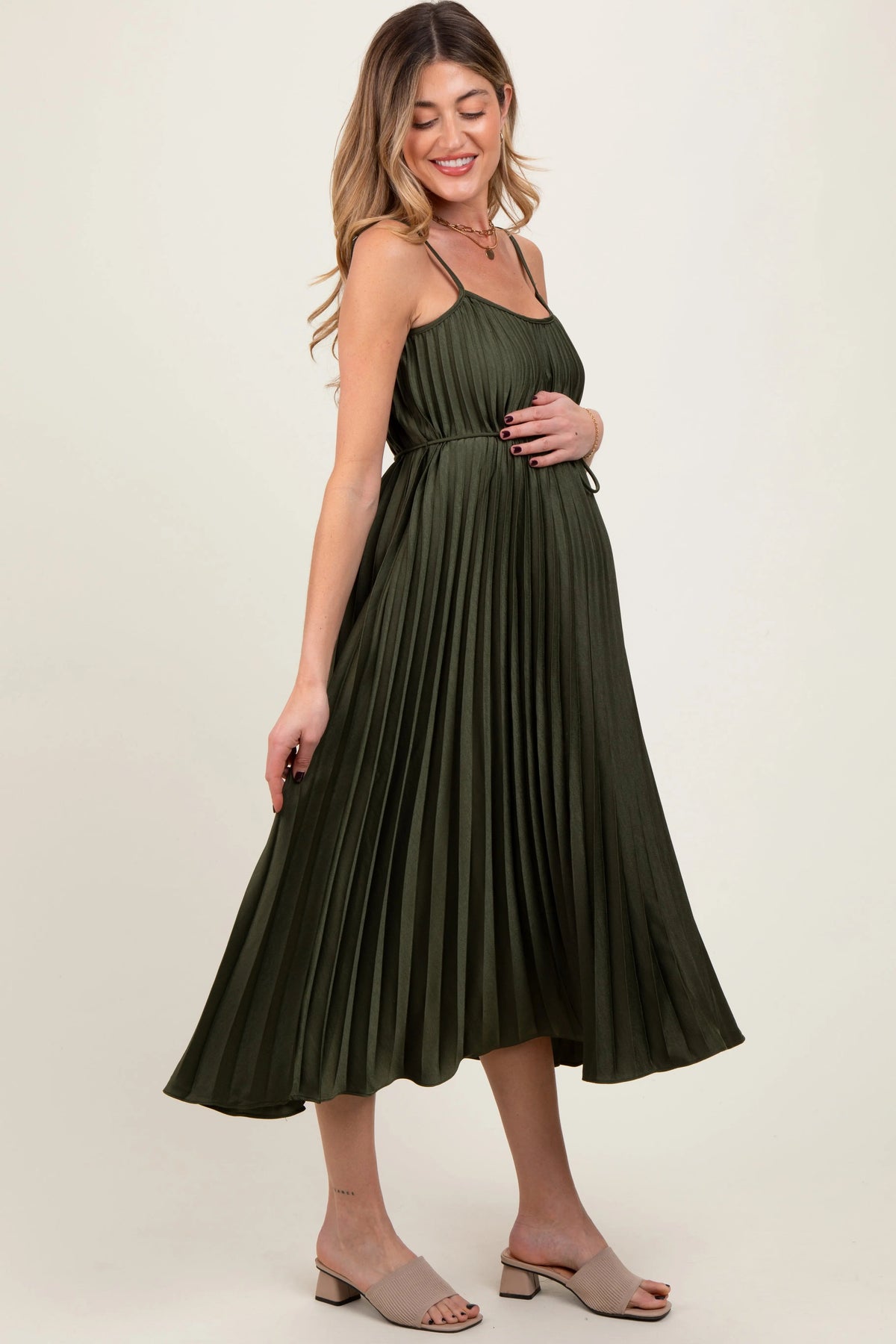 PinkBlush Olive Pleated Sash Tie Maternity Midi Dress - 