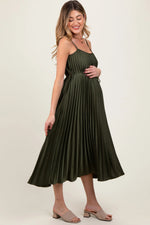 PinkBlush Olive Pleated Sash Tie Maternity Midi Dress - 