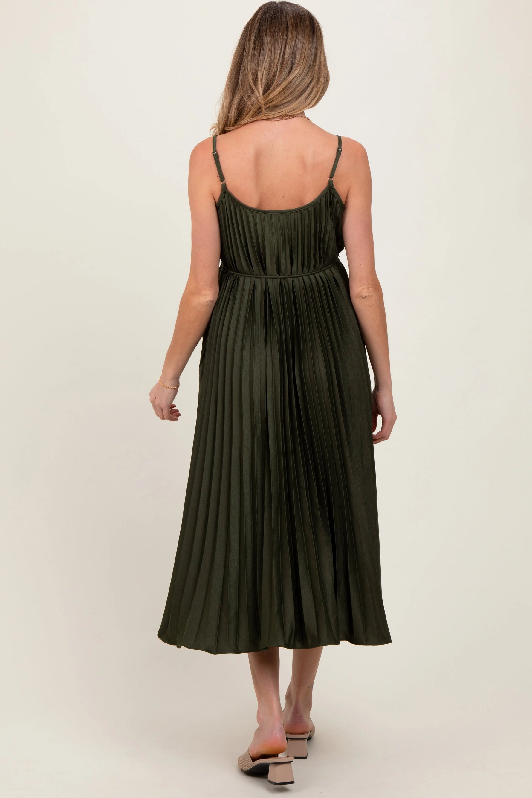 PinkBlush Olive Pleated Sash Tie Maternity Midi Dress - 