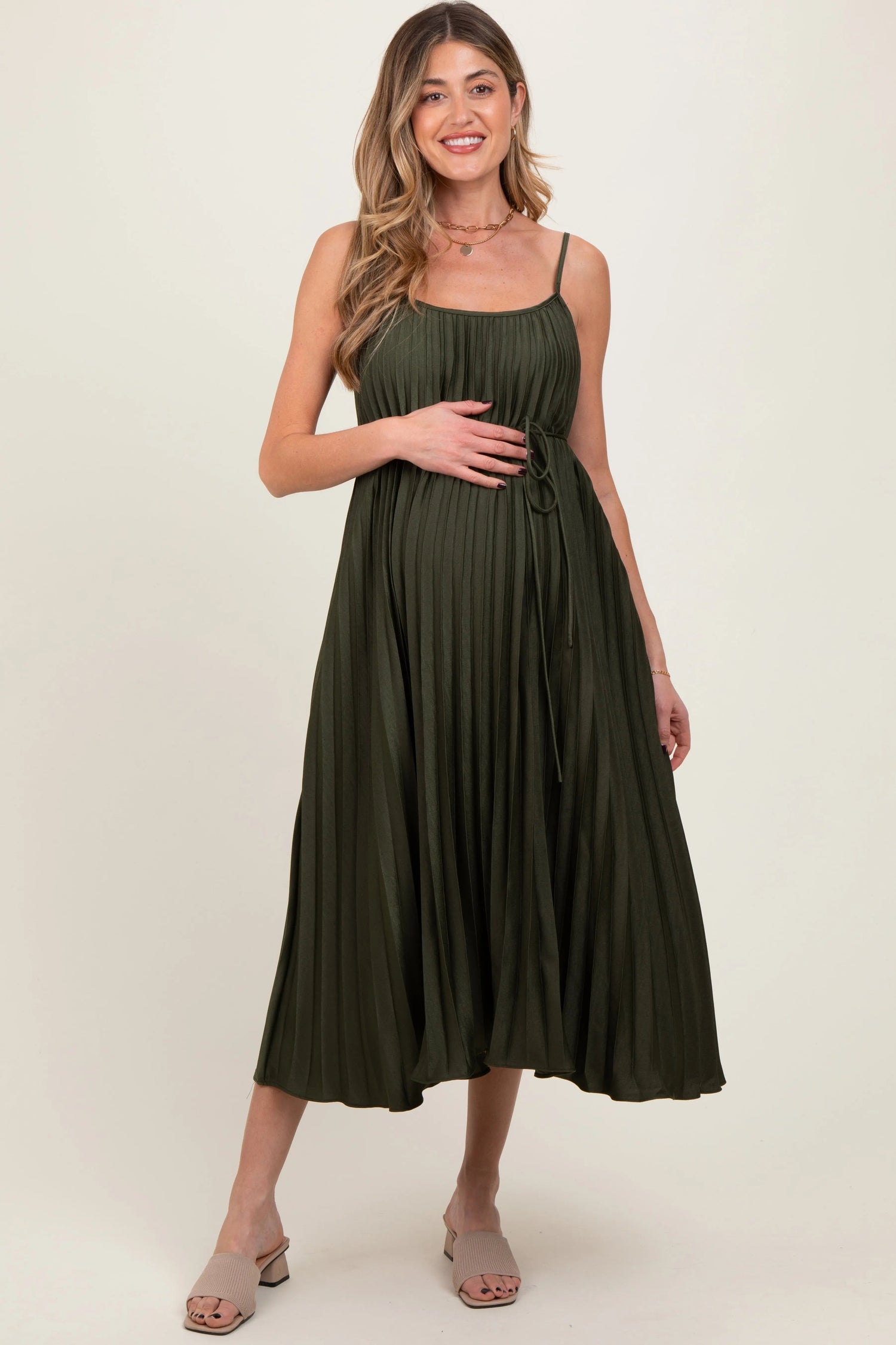 PinkBlush Olive Pleated Sash Tie Maternity Midi Dress - 