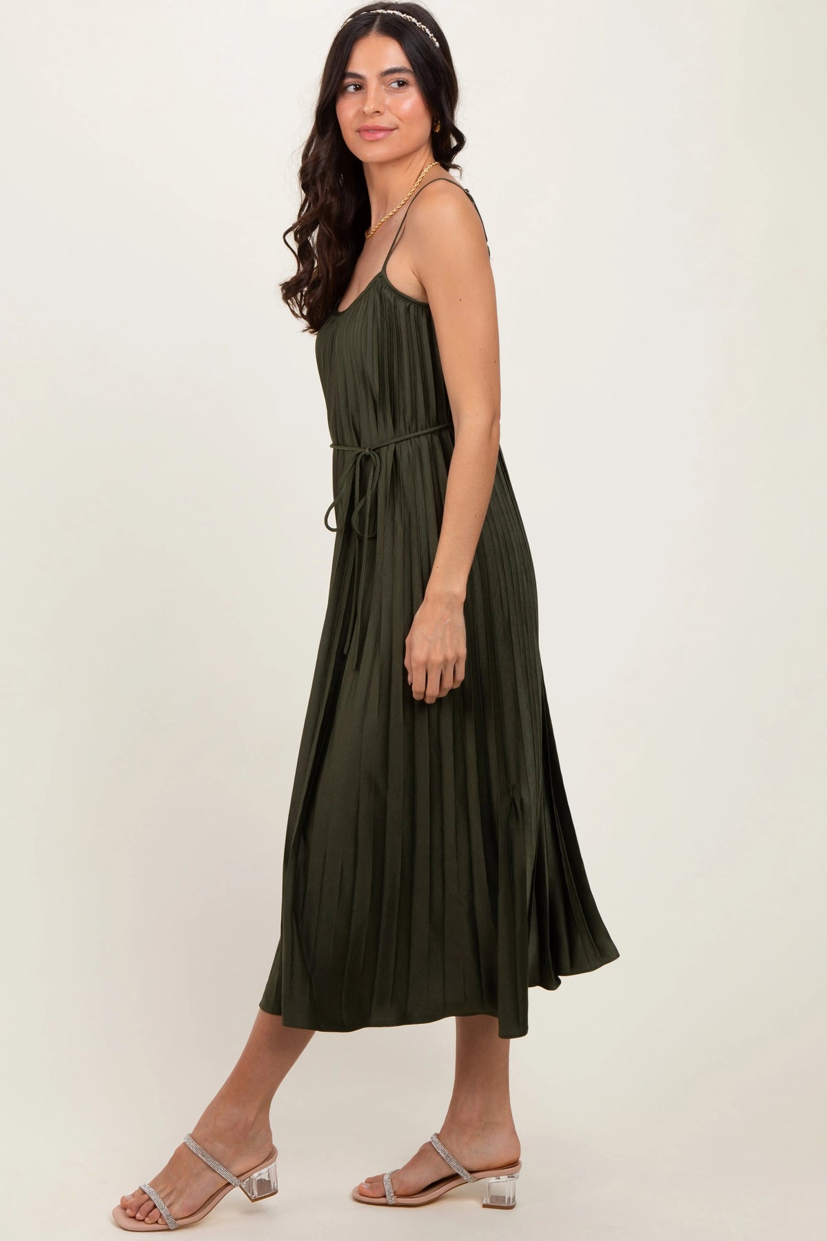 PinkBlush Olive Pleated Sash Tie Midi Dress - 