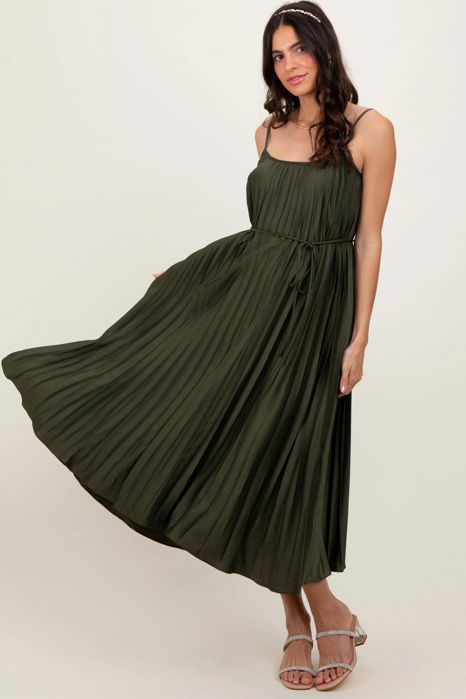 PinkBlush Olive Pleated Sash Tie Midi Dress - 