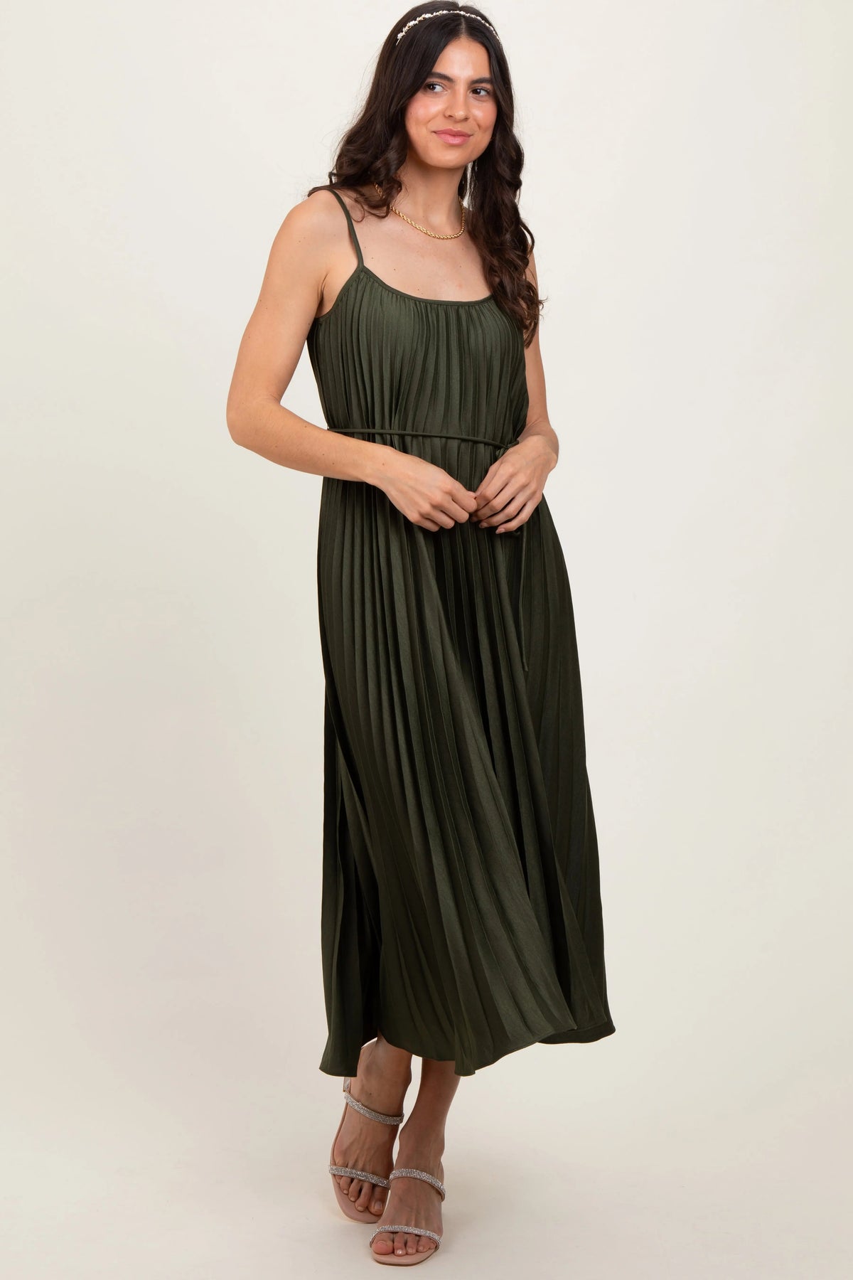 Olive Pleated Sash Tie Midi Dress - Day Dress, One-piece garment, Person, Dress, Sandal | Everetts Place