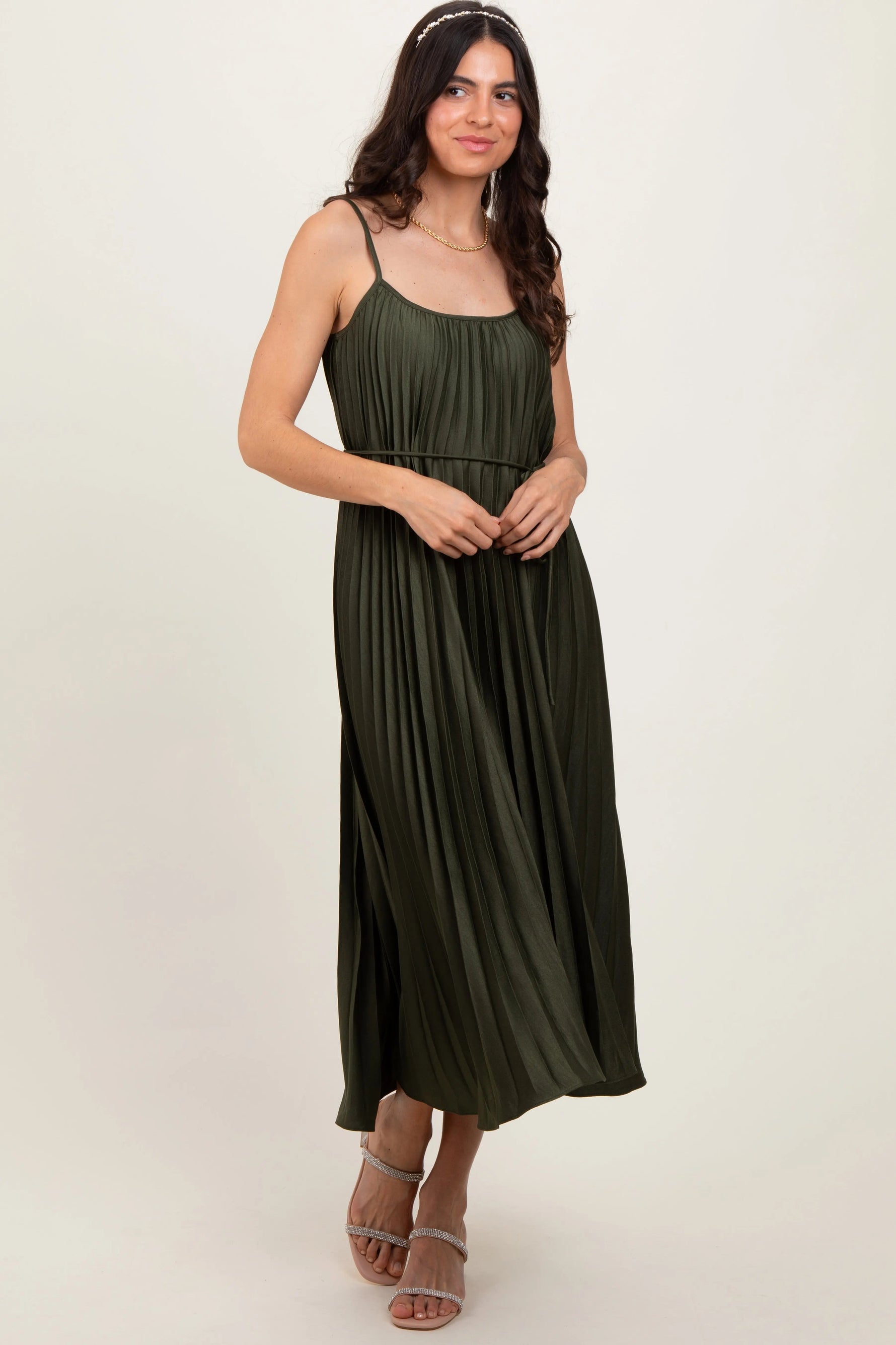 Olive Pleated Sash Tie Midi Dress - Day Dress, One-piece garment, Person, Dress, Sandal | Everetts Place