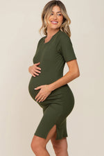 PinkBlush Olive Ribbed Basic Short Sleeve Maternity Dress - 
