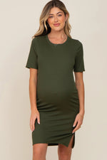 Olive Ribbed Basic Short Sleeve Maternity Dress - Waist, Day Dress, One-piece garment, Cocktail dress, Sheath dress | Everetts Place