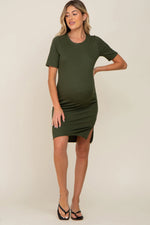 PinkBlush Olive Ribbed Basic Short Sleeve Maternity Dress - 