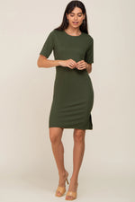PinkBlush Olive Ribbed Basic Short Sleeve Maternity Dress - 
