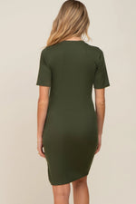 PinkBlush Olive Ribbed Basic Short Sleeve Maternity Dress - 