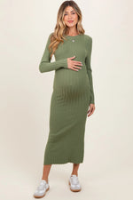 PinkBlush Olive Ribbed Knit Fitted Maternity Midi Sweater Dress - 