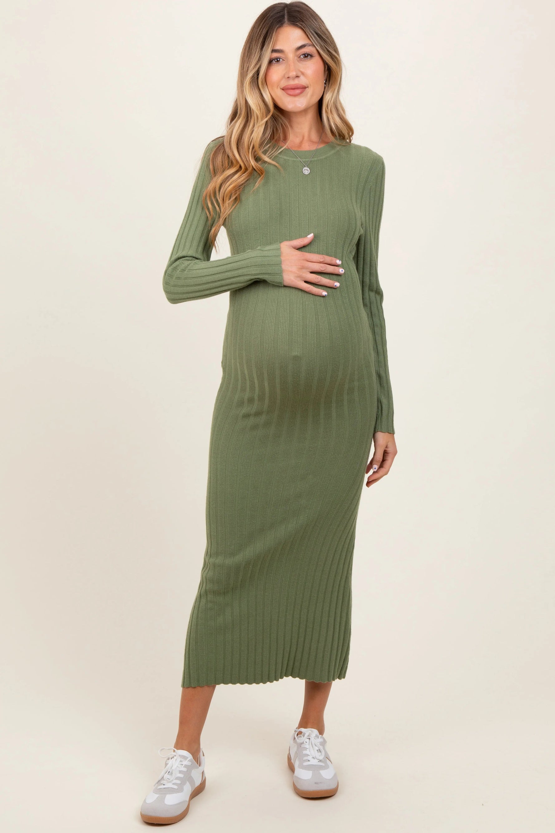 PinkBlush Olive Ribbed Knit Fitted Maternity Midi Sweater Dress - 