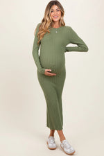PinkBlush Olive Ribbed Knit Fitted Maternity Midi Sweater Dress - 