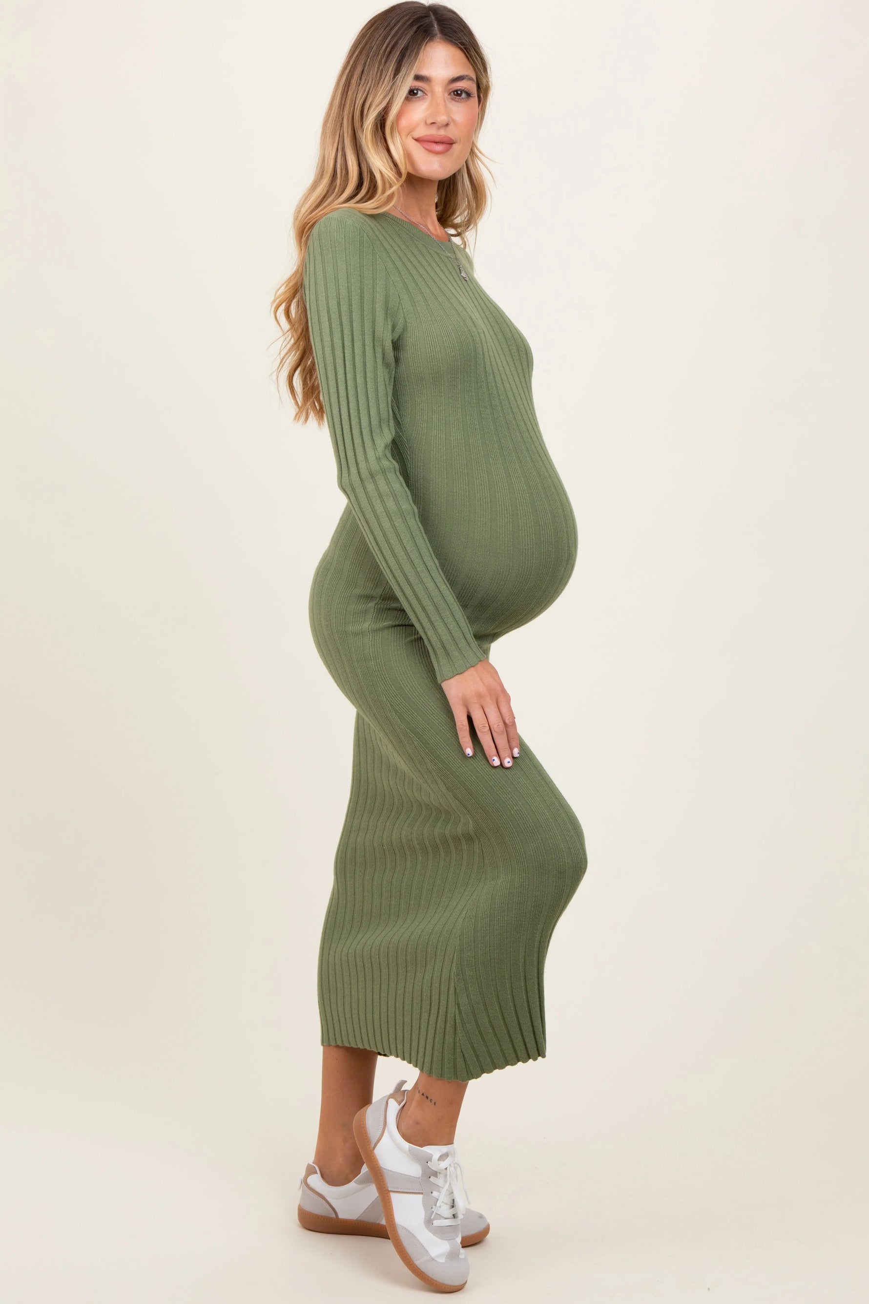 PinkBlush Olive Ribbed Knit Fitted Maternity Midi Sweater Dress - 