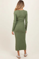 PinkBlush Olive Ribbed Knit Fitted Maternity Midi Sweater Dress - 