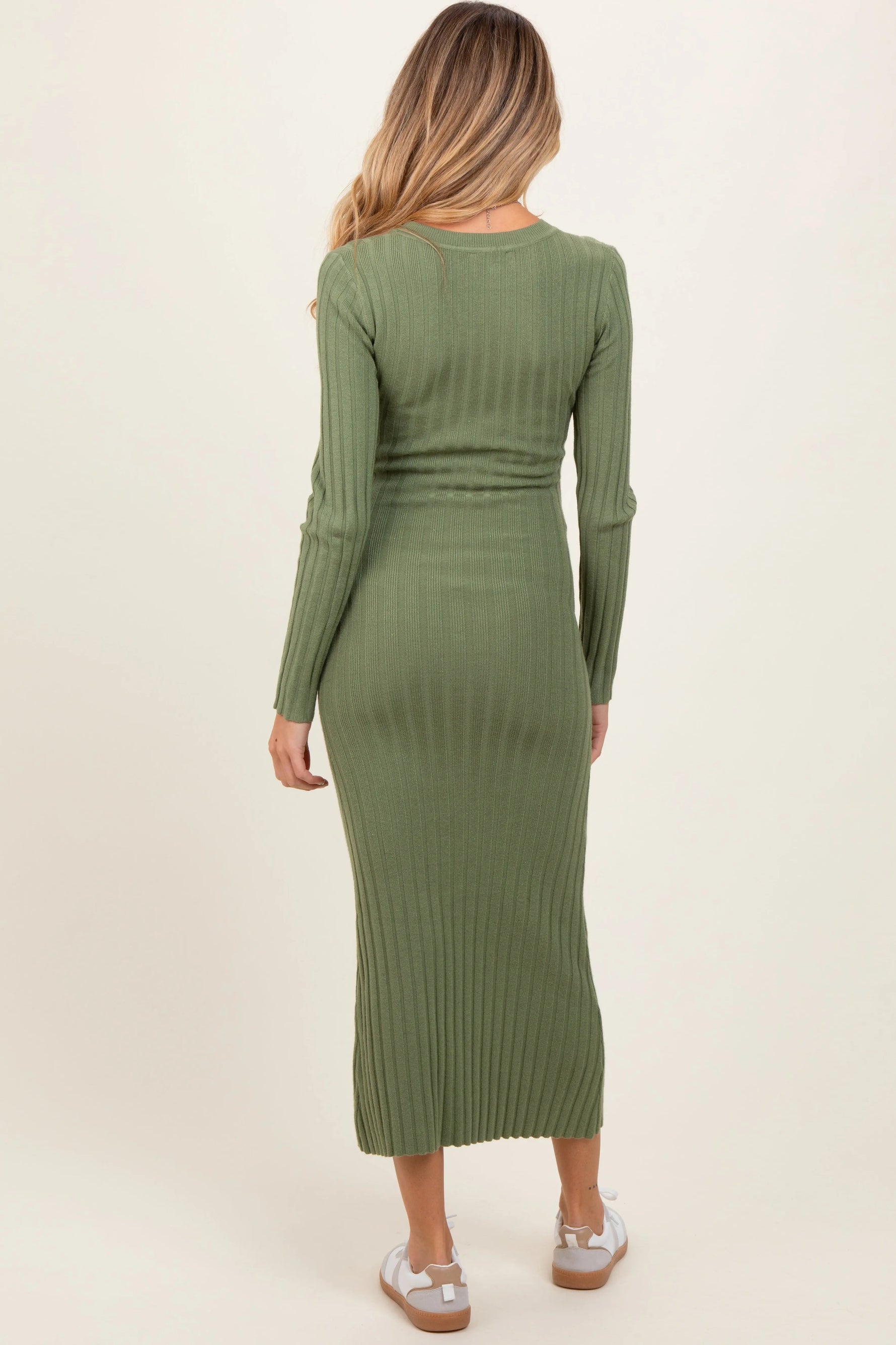 PinkBlush Olive Ribbed Knit Fitted Maternity Midi Sweater Dress - 