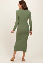 PinkBlush Olive Ribbed Knit Fitted Midi Sweater Dress - 