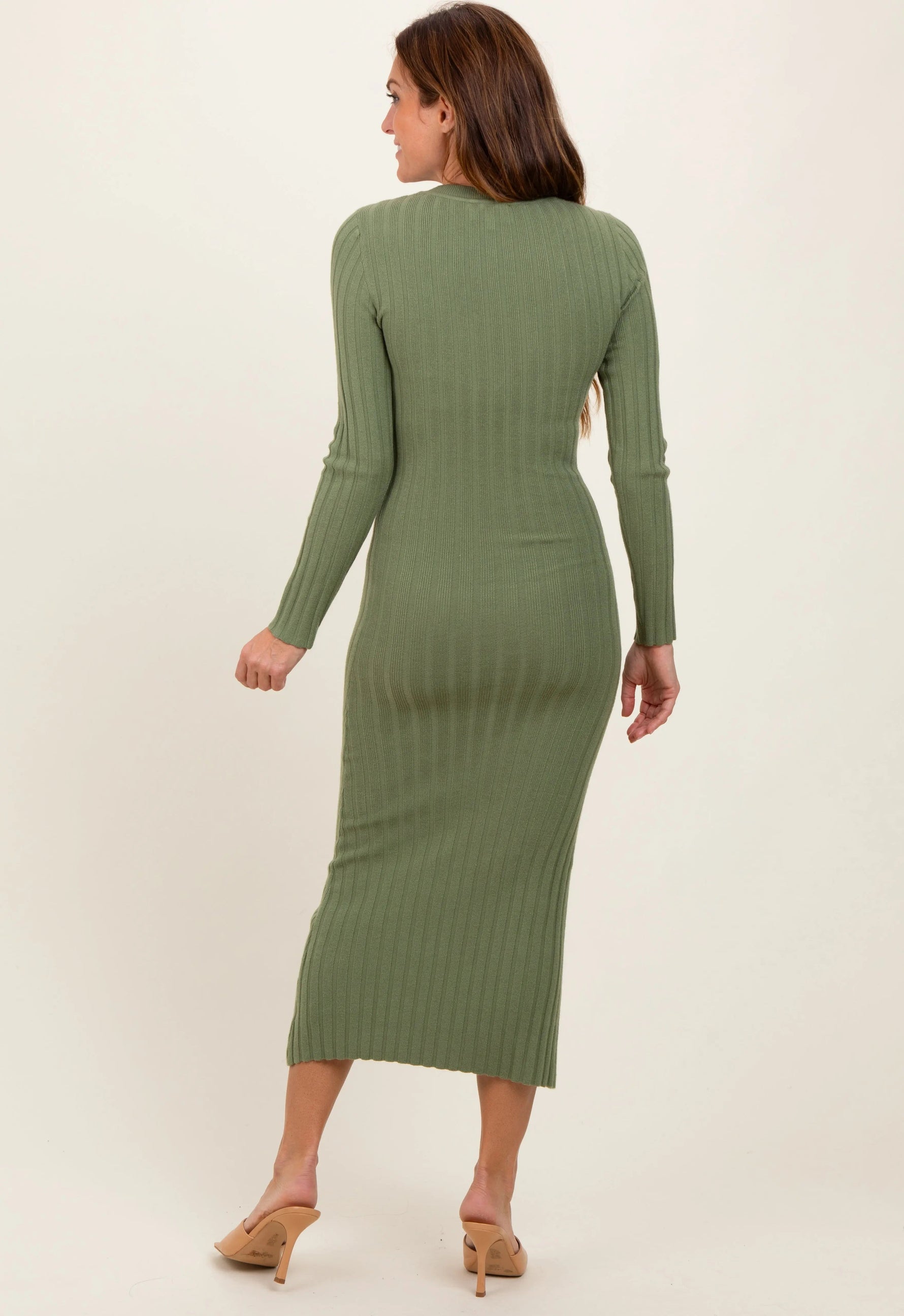 PinkBlush Olive Ribbed Knit Fitted Midi Sweater Dress - 