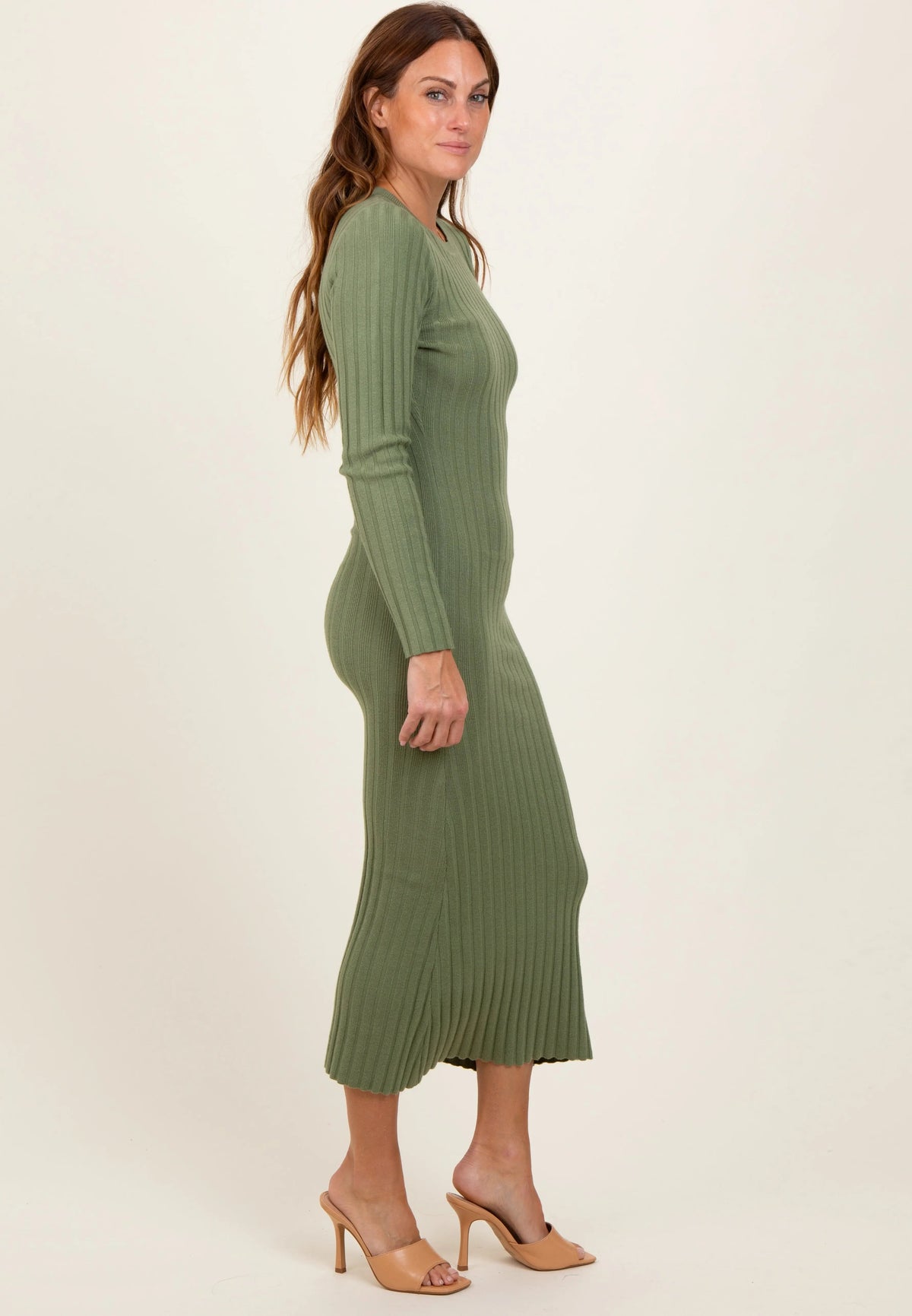 PinkBlush Olive Ribbed Knit Fitted Midi Sweater Dress - 